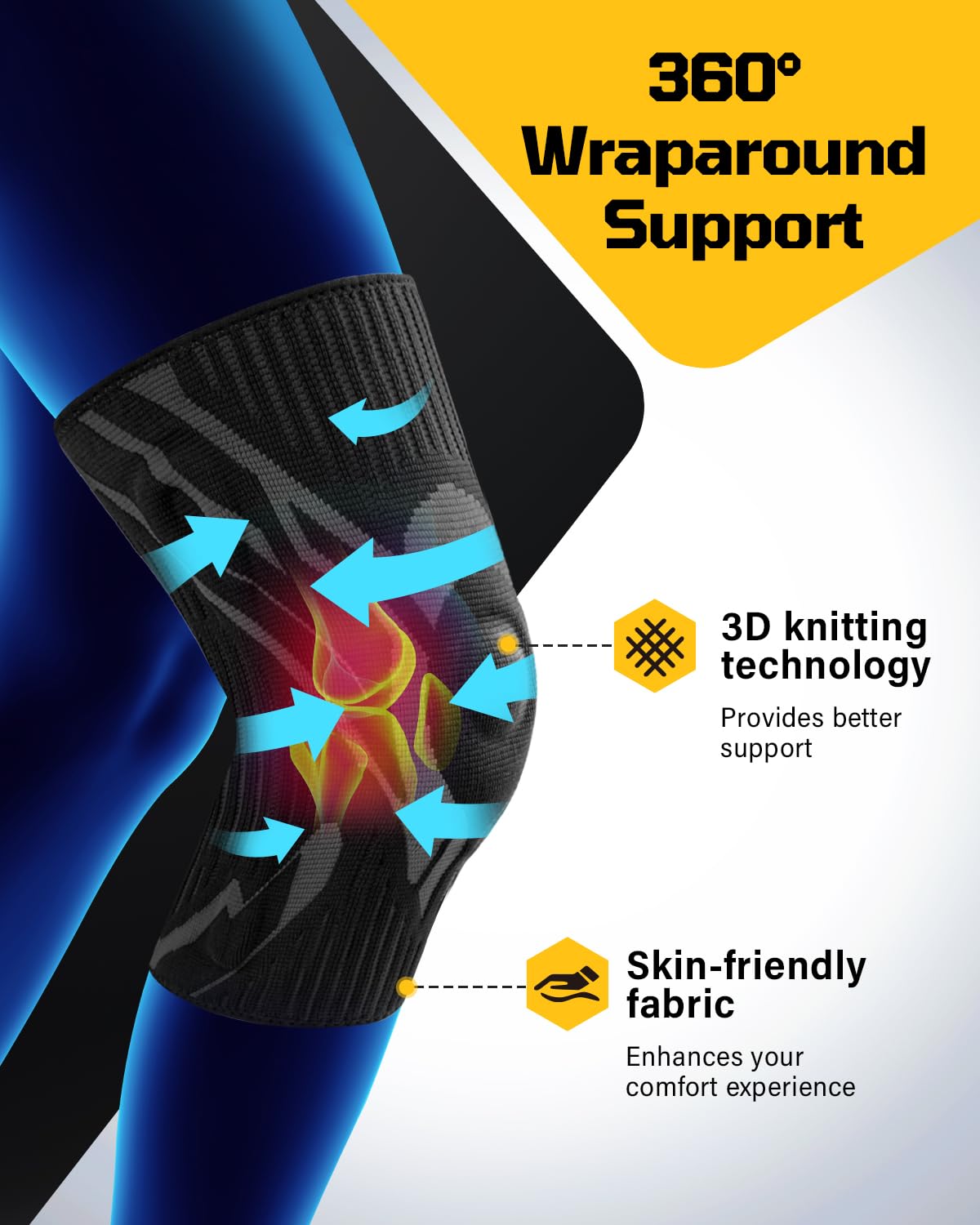 داعم الركبة - 6 ميزات محسنّة - رباط للركبة للرجال والنساء، دعم للركبة للجري، صالة الألعاب الرياضية، المشي لمسافات طويلة، الرياضات، باللون الأسود