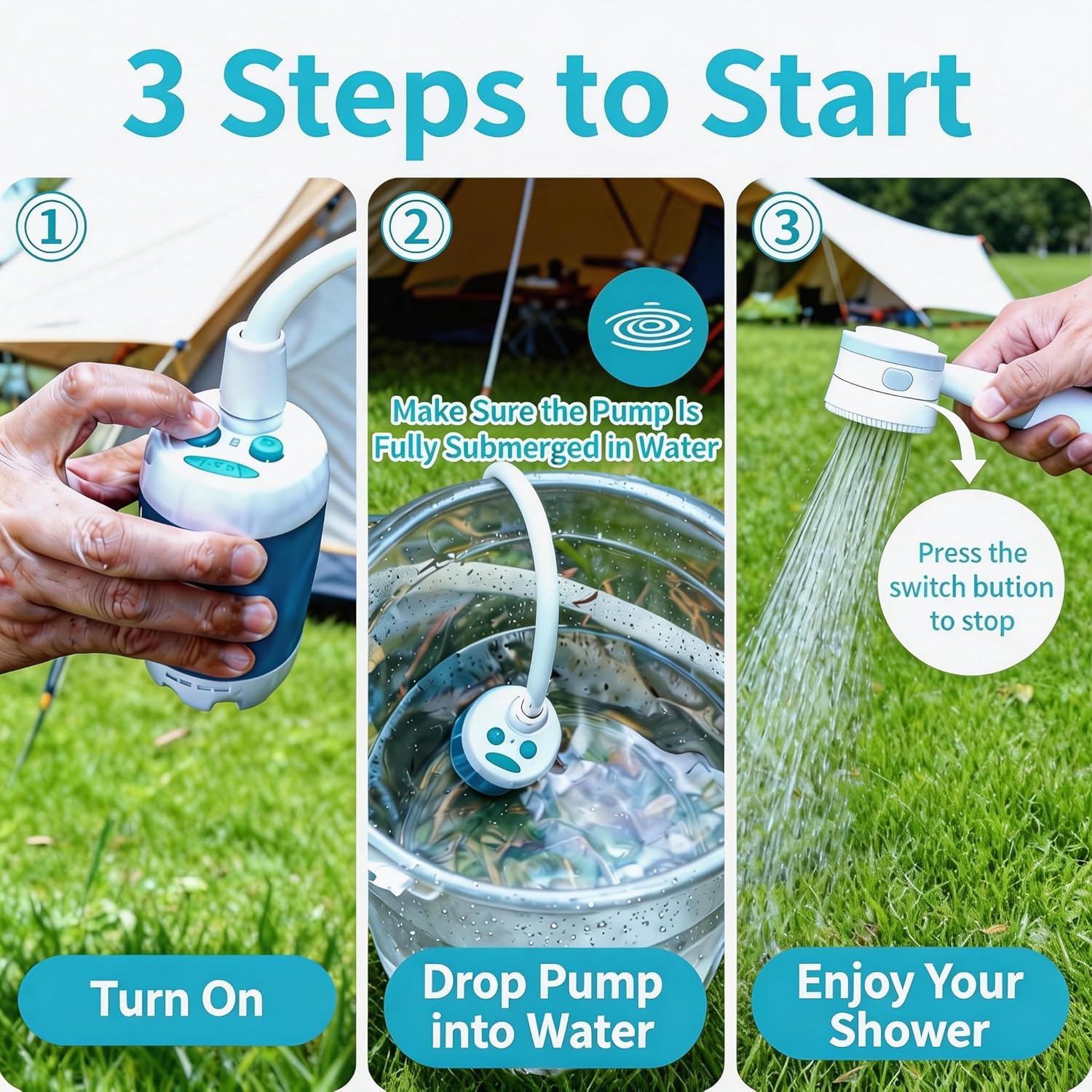 Rechargeable battery water pump showers دش محمول كهربائي قابل لإعادة الشحن بمضخة مياه - الصورة 3